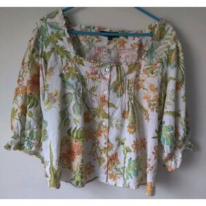 Rachel Roy Boho Floral Linen Blend Puff Sleeve Cottagecore Top  Coastal Size XL